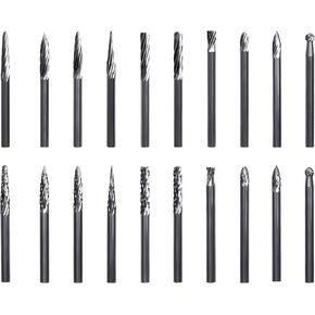 Carbide Burr Set 0.118" (3mm) Shank 20PCS, for 3D Printing Deburring, Wood Carving Tools, Remove CNC Machining Burrs, Die Grinder Bits, Engraving, Polishing