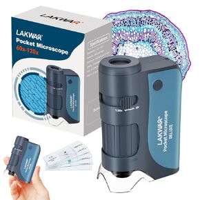 LAKWAR Pocket Microscope for Kids, 60x-120x Portable Pocket Microscope Led Lighted with Microscope Slides, Mini Handheld Microscope for Kids Adults