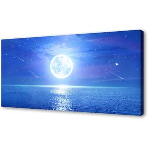 Jiuqinghua Wall Art Full Moon Picture Canvas 1 Panels Blue Sea Ocean Landscape Print Paintings for Living Room Wall Decor and Home Decor Framed Ready to Hang Waterproof Artwork