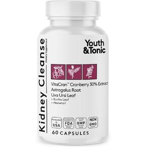 Youth & Tonic Kidney Cleanse Detox for Residual Metabolic Waste & Excess Body Water for Urinary Tract & Bladder Health 60 Capsules