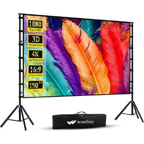 150 inch Projector Screen with Stand, Wootfairy Portable and Foldable Projection Screen 4K HD 16:9 Rear Front Wrinkle-Free Movie Screen with Carry Bag for Indoor Outdoor Home Theater Backyard Cinema