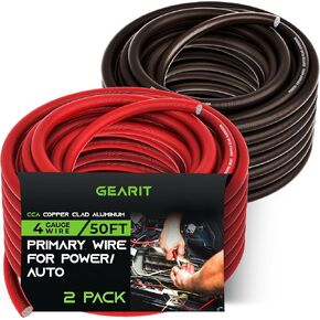 GearIT 4 Gauge CCA Ground Wire Kit with 4G Ground Wire (25FT Each - Black and Red), 15 Lugs and10 Heat Shrink Wrap