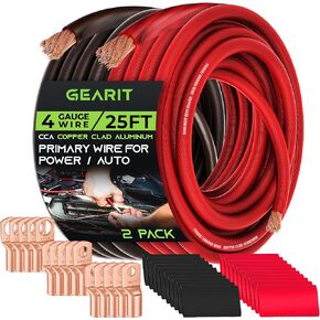 GearIT 4 Gauge CCA Ground Wire Kit with 4G Ground Wire (25FT Each - Black and Red), 15 Lugs and10 Heat Shrink Wrap