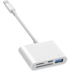 SD Card Reader for iPhone iPad, 4 in 1 Micro SD/SD Card Reader to iPhone Adapter, SD Card Viewer with TF/SD Dual Slot, Portable Camera Memory Card Reader for iPhone with Charging Port, Plug and Play
