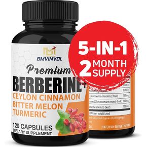 Berberine HCl Supplement, Ceylon Cinnamon and Turmeric Capsules, Green Tea and Bitter Melon Capsules - 120 Capsules for 2 Month Supply