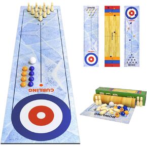3-in-1 Tabletop Curling, Shuffleboard, and Bowling Game - Portable Family Game for Kids & Adults - Easy to Set Up Desktop Indoor/Outdoor Fun