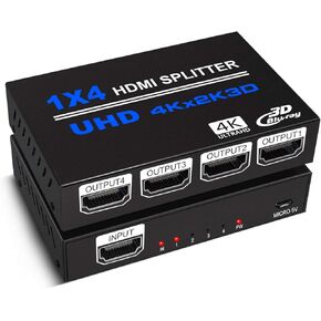 HDMI Splitter 1 in 4 Out, 4K HDMI Splitter V1.4b Powered Audio Video Distributor Duplicate/Mirror Screen, 1x4 HDMI Splitter for TV Support 4kx2k 30Hz 3D for Xbox, PS5, Roku Blu-Ray Player, HDTV