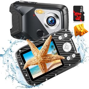 كاميرا رقمية 4K تحت الماء مع بطاقة 32GB 48MP مقاومة للماء، كاميرا رقمية فائقة الدقة 4K مقاومة للماء، كاميرا نقطة واطلاق النار تحت الماء للغطس والغوص والسفر (اسود) in Kuwait