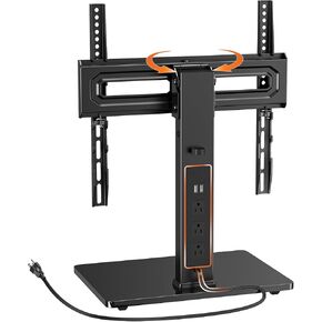 Perlegear Universal Swivel TV Stand with Power Outlet, Tabletop TV Stand for 32–60 Inch TVs up to 88 lbs, Tempered Glass TV Mount Stand Base with Height Adjustment, Tilt, Max VESA 400x400mm, PGTVS27