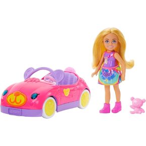 Barbie Chelsea Doll & Unicorn Toy Car, Blonde Small Doll in Removable Skirt, Pet Puppy, Sticker Sheet & Accessories