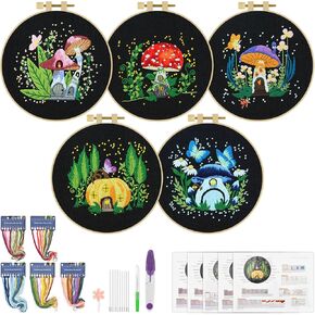ERKOON 5 Sets Embroidery Kit for Beginners, Art Craft Handy Sewing Set Mushroom Cross Stitch Starter Kits, DIY Embroidery Kits with Patterns and Instructions Hoops Needles Threads