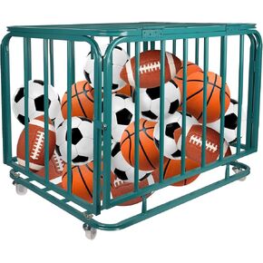 Sports Equipment Organizer Foldable Mental Sports Ball Storage Cart with Lid and Wheels Rolling Ball Cart for Gym, School, Indoor and Outdoor, Green