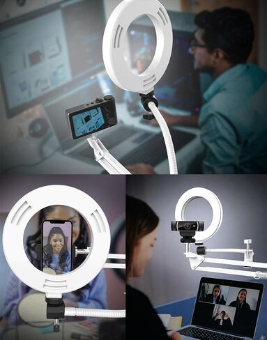 Overhead Camera Mount with Ring Light, Flexible Articulating Phone Arm Stand Compatible with iPhone, Logitech Webcam, Desk Tripod for YouTube Live Stream Cooking Nail Video Recording in Saudi Arabia