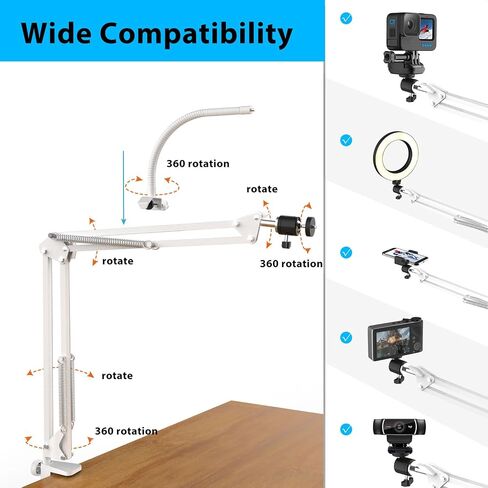 Overhead Camera Mount with Ring Light, Flexible Articulating Phone Arm Stand Compatible with iPhone, Logitech Webcam, Desk Tripod for YouTube Live Stream Cooking Nail Video Recording in Saudi Arabia