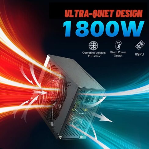 VTRETU 2000W Mining Power Supply 2U Miner PSU 110-264V لجهاز التعدين ETH، يدعم 8 أجهزة تعدين GPU، مع مروحة قوية 12000 دورة في الدقيقة (10 كابلات توصيل وسلك طاقة واحد متضمن) in Kuwait