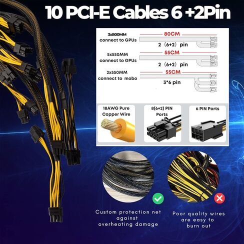 VTRETU 2000W Mining Power Supply 2U Miner PSU 110-264V لجهاز التعدين ETH، يدعم 8 أجهزة تعدين GPU، مع مروحة قوية 12000 دورة في الدقيقة (10 كابلات توصيل وسلك طاقة واحد متضمن) in Kuwait