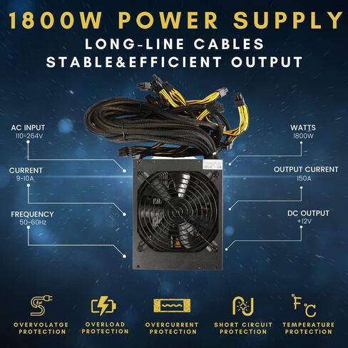 VTRETU 2000W Mining Power Supply 2U Miner PSU 110-264V لجهاز التعدين ETH، يدعم 8 أجهزة تعدين GPU، مع مروحة قوية 12000 دورة في الدقيقة (10 كابلات توصيل وسلك طاقة واحد متضمن) in Kuwait