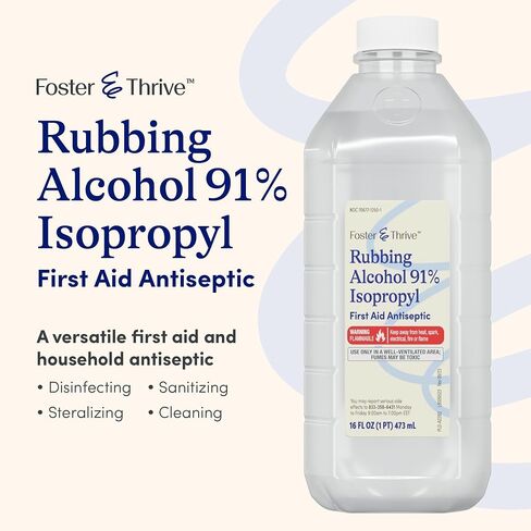Foster & Thrive Rubbing Alcohol - 91% Isopropyl Alcohol, Concentrated First Aid Antiseptic - Safe and Effective - Liquid Solution for Treatment of Minor Cuts, Scrapes and Burns (16 Fl. oz) (1) in Kuwait
