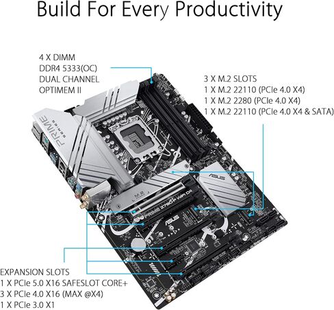 اسس لوحة ام ايه تي اكس Z790-A واي فاي 6E LGA 1700 (انتل الجيل 13 و12) ايه تي اكس (16+1 درموس، منفذ PCIe 5.0، DDR5، 4X M.2، شبكة LAN 2.5GB، USB 3.2 الجيل الثاني، لوحة امامية نوع C، ثاندربولت 4/USB4، in Kuwait