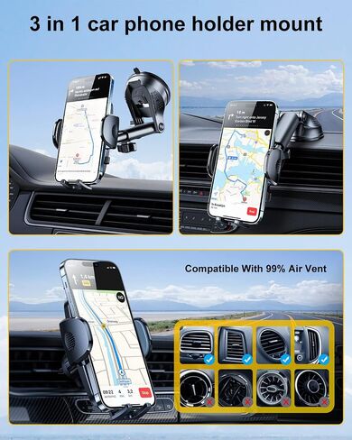 Rorhxia Phone Mount for Car [2023 Upgraded Most Stable and Convenient Suction Cup] 3 in 1 Dashboard Vent Windshield Cell Phone Holder Car Fit for iPhone 15 14 13 12 Pro Max Samsung S23 All Phones in Kuwait