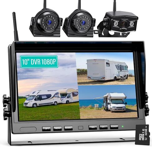 Nuoenx 10" Wireless Backup Camera System, HD 1080P Digital Rear View Side View Cameras 10 Inch Quad Split Loop Recording Monitor for RV, Trailer, Truck, IP69K Waterproof IR Night Vision Cameras (W104) in Saudi Arabia