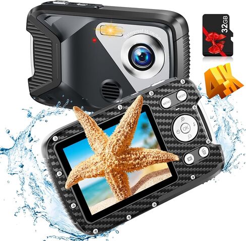 كاميرا رقمية 4K تحت الماء مع بطاقة 32GB 48MP مقاومة للماء، كاميرا رقمية فائقة الدقة 4K مقاومة للماء، كاميرا نقطة واطلاق النار تحت الماء للغطس والغوص والسفر (اسود) in Kuwait