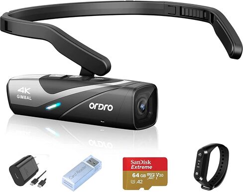 ORDRO EP8 4K Camcorder 60FPS Vlog Hands Free Wearable Camera, Head-Mounted Video Camera for Vlog, Auto Focus, Wi-Fi APP Control, 2-Axis Gimbal Stabilizer with Fast Charger & Remote Control in Kuwait