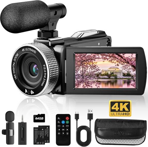 كاميرا فيديو 4K كاميرا تسجيل فيديو بدقة 48 ميجابكسل UHD لليوتيوب، كاميرا فيديو للأطفال، 18X تكبير 3 بوصات شاشة IPS ومسجل كاميرا مع ميكروفون لاسلكي Lavalier، جهاز تحكم عن بعد، بطاريتان، بطاقة 64 جيجابايت in Kuwait
