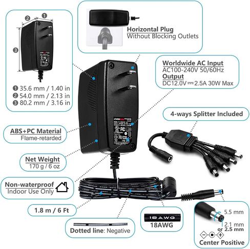 Chanzon 12V 2A 24W Class 2 Power Supply AC DC Switching Adapter (Input 100-240V, Output 12 Volt 2 Amp) Wall Wart Transformer Charger for DC12V CCTV Camera LED Strip Light (6Ft Cord, 24 Watt Max) in Kuwait