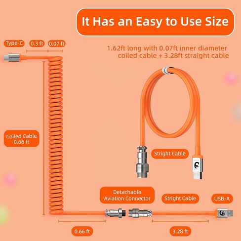 كابل LexonElec للشحن السريع من النوع C إلى USB A، كابل لوحة مفاتيح ميكانيكية للألعاب، كابل حياكة من الألياف المعدنية قابل للفصل للوحة مفاتيح الألعاب/الكمبيوتر اللوحي/الهاتف الذكي (رمادي) in Kuwait