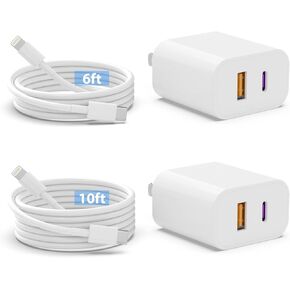 iPhone Charger, 2 Pack 20W Dual Port USB Fast Wall Charger Block, (2-Pack 6FT&10FT Super Fast Charger Cable Included) USB C Charger for iPhone 14 13 12 11 Pro Max XR XS X,iPad More