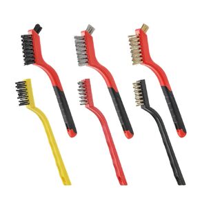 Wire Brush Set of 6 - Brass/Stainless Steel/Nylon Bristles with Anti-slip Grip and Curved Brush head, Wire Brushes for Cleaning, Metal Brush for Cleaning Rust, Nylon Brush for Dirt, 7 Inch