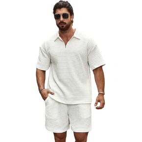 SOLY HUX Men's 2 Piece Shorts Set Waffle Knit Outfit Quarter Zip Textured Shirts Sets Vacation Outfits