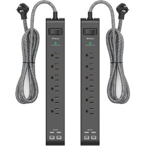 2 Pack Surge Protector Power Strip - 6 Outlets 4 USB Charging Ports, 5Ft Braided Extension Cord, Flat Plug, Overload Protection, Wall Mount for Home Office, Dorm Room Essentials