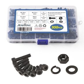 88PCS M8 x 10/12/16/20/25mm Metric Hex Socket Head Cap Screws Bolts and Nuts Flat & Lock Washers Assortment Kit，12.9 Grade Alloy Steel，Black Oxide Finish，Fully Threaded