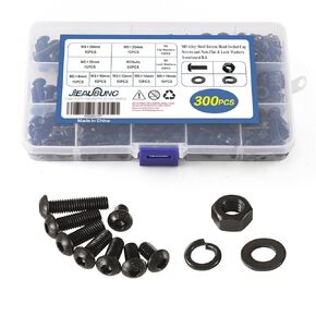 300PCS M5x8/10/12/14/16/18/20/25mm Metric Button Head Socket Cap Screws Bolts and Nuts Flat & Lock Washers Assortment Kit，10.9 Grade Alloy Steel，Black Oxide Finish，Fully Threaded，With Wrench