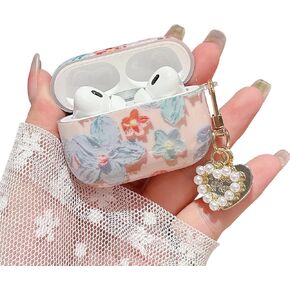Cute Airpod Pro 2 Case Aesthetic Oil Painting Flower with Heart Keychain Protective Cover Compatible with AirPods Pro 2nd/1st Generation Case for Girls Women (Blue Pink Floral)