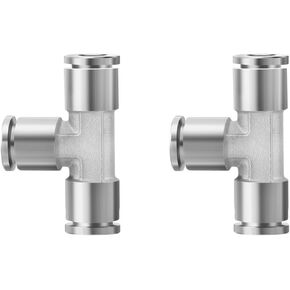 2Pcs 304 Stainless Steel Union Tee 1/4" Tube OD Push to Connect Air Fittings, 3 Way Tee Shaped Pneumatic Quick Connector for Air Compressor Air Horn Air Bag