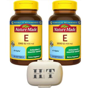 Nature Made Vitamin E 450 mg (1000 IU) dl-Alpha Softgels, 60 Count Softgels, 2Pack- Bundle with HappyTasty 1 Travel Pillow Case