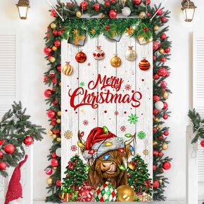 Pink Christmas Door Cover Decorations Vintage Santa Claus Backdrop Hanging Banner Porch Sign Xmas Merry Christmas Porch Sign for Indoor Outside Front Door Party Supplies (Cow)