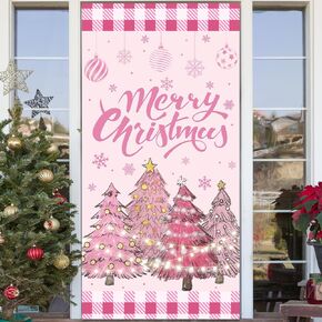 Pink Christmas Door Cover Decorations Vintage Santa Claus Backdrop Hanging Banner Porch Sign Xmas Merry Christmas Porch Sign for Indoor Outside Front Door Party Supplies (Cow)