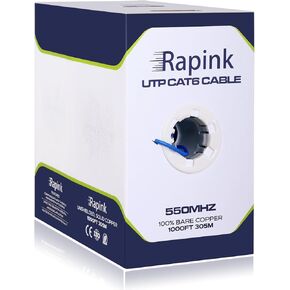 Rapink Cat6 Ethernet Cable 1000ft, Cat6 ethernet Cable 23AWG Solid Bare Copper 10G Support, UTP cat6 Cable 550MHZ, cat 6 Cable 1000ft POE Support Blue