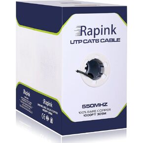 Rapink Cat6 Ethernet Cable 1000ft, Cat6 ethernet Cable 23AWG Solid Bare Copper 10G Support, UTP cat6 Cable 550MHZ, cat 6 Cable 1000ft POE Support Blue