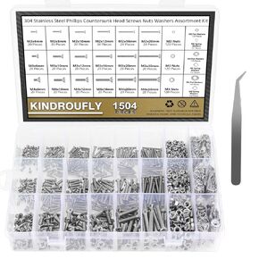 1504 Pieces Phillips Pan Head Machine Screws Nuts Washers Kit, Kindroufly M2 M3 M4 Screw Assortment Kit, Machine Screws, 304 Stainless Steel