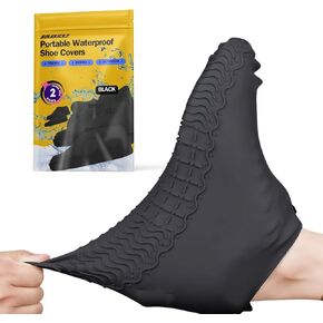 2 pairs Waterproof Shoe Covers, Anti-Slip Water Resistant Overshoes Silicone Rubber Rain Shoe Cover Outdoor cycling Protectors apply to Men, Women, Kids (Black)