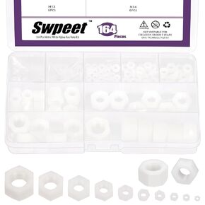 Swpeet 164Pcs 10 Sizes M2 M2.5 M3 M4 M5 M6 M8 M10 M12 M14 Metric White Nylon Hex Nuts Assorment Kit, Metric Thread Plastic Fastener Nuts Hexagon for Home Automotive Shop Fasteners Use