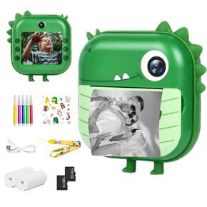 Fincredible Pink Instant Print Kids' Camera, 48MP Dual Selfie Camera, 1080P HD Video, 64G Storage, Includes Print Paper + Color Markers & Stickers, Cute Cartoon cat Camera for Kids 5-12+