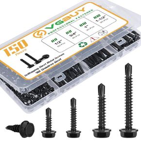 150Pcs Self Drilling Screws Assortment Kit, 410 Stainless Steel Self Tapping Sheet Metal TEK Screws, Black Zinc Plated, 8 1/2" 3/4" #10 1" 1-1/2", Hex Washer Head