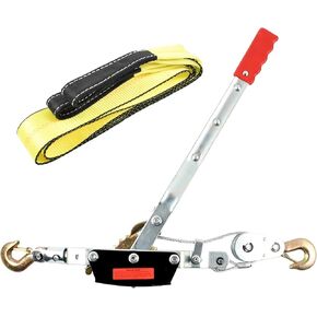 5 Ton Heavy Duty 3 Hook Steel Cable Dual Gear Power Puller Come Along Chain Winch Ratchet Tool with 3'' Inch x 8' Foot Winch Strap, Tow Strap (30,000 BLS Capacity)