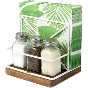 Napkin Holder for Table, Napkin Holder with Salt and Pepper Shakers Cadddy, Napkin Holder For Paper Napkins Kitchen Dining Table Decor, Wood & Metal Base, White